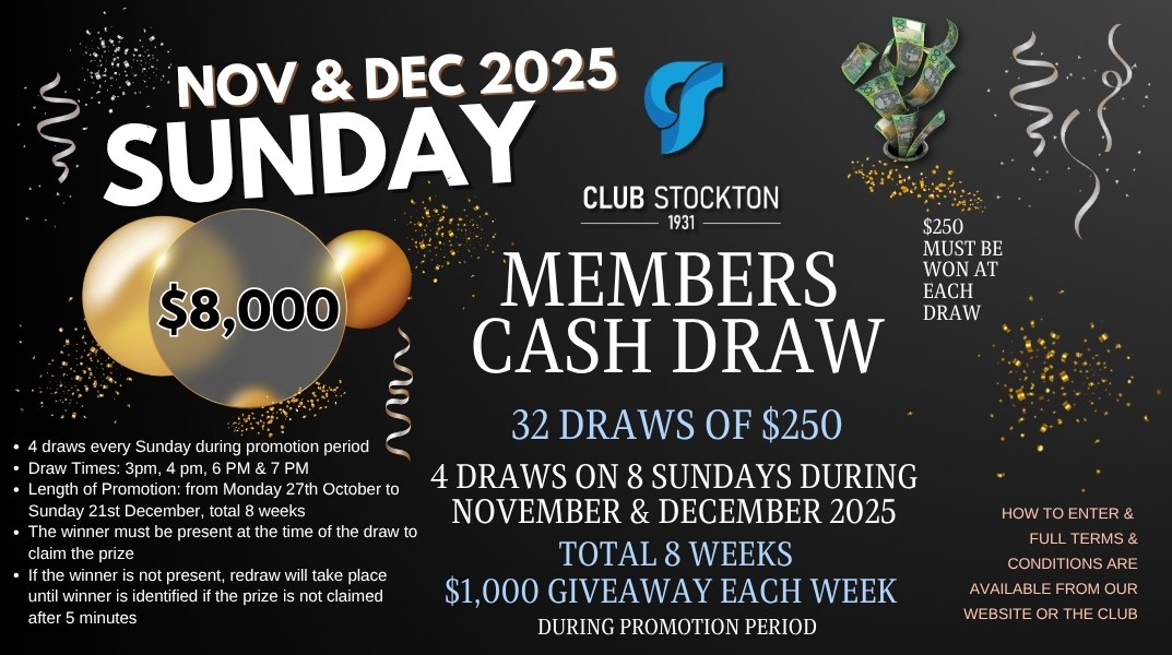 Sunday MEMBERS CASH DRAW inhouse NOVEMBER & DECEMBER 2025